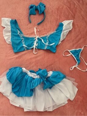 Coquette Blue Fairy Anime Set Lace Up Top Tulle Mini Skirt Bow Headband M